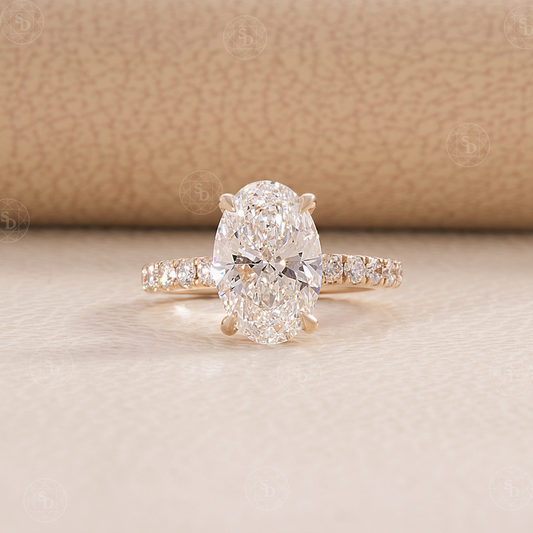 Oval Lab Diamond Engagement ring with pave diamond and hidden halo