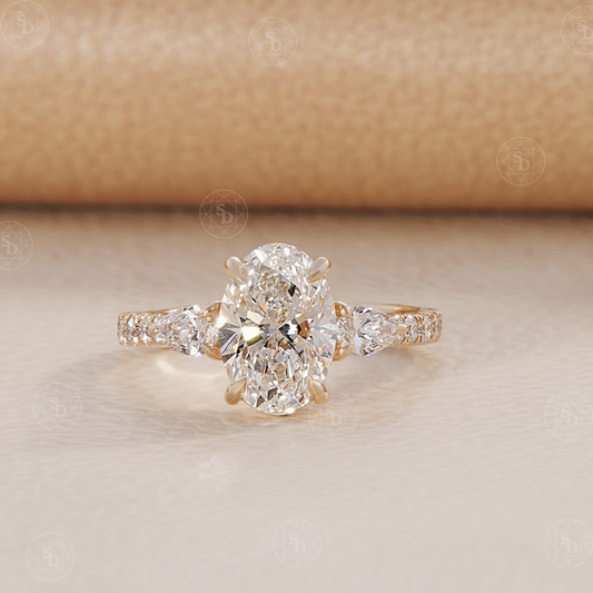 Oval lab diamond three stone engagement ring with pave diamond on band