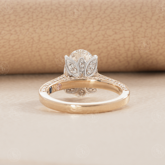 Oval lab diamond cathedral set tulip basket Engagement ring