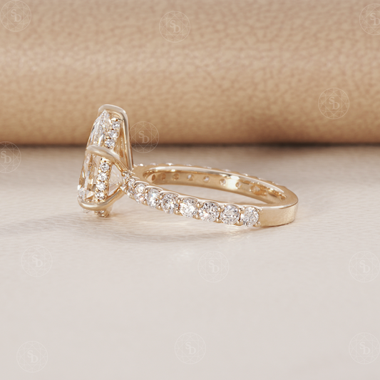 Pear Lab Grown Diamond Engagement Ring with Pave diamond shank and hidden halo