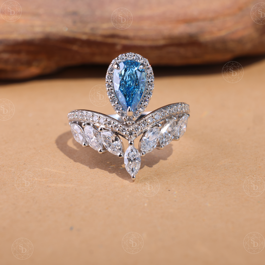 Pear Cut Light Blue Lab-Grown Diamond Halo Ring: Antique Style Anniversary Ring