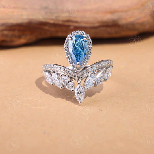 Pear Cut Light Blue Lab-Grown Diamond Halo Ring: Antique Style Anniversary Ring