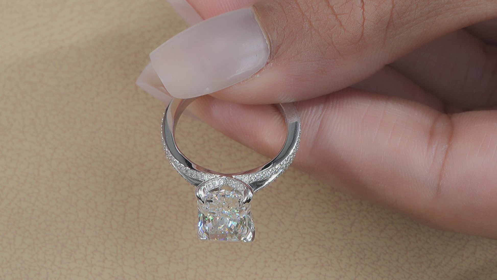 Radiant Lab Diamond Engagement ring with splitshank and diamonds on band