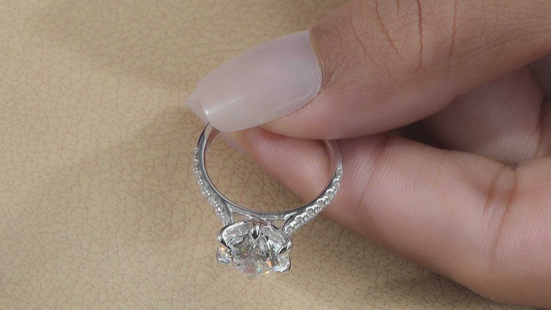 Round Lab Diamond Engagement ring with six Prong tulip basket cathedral setting