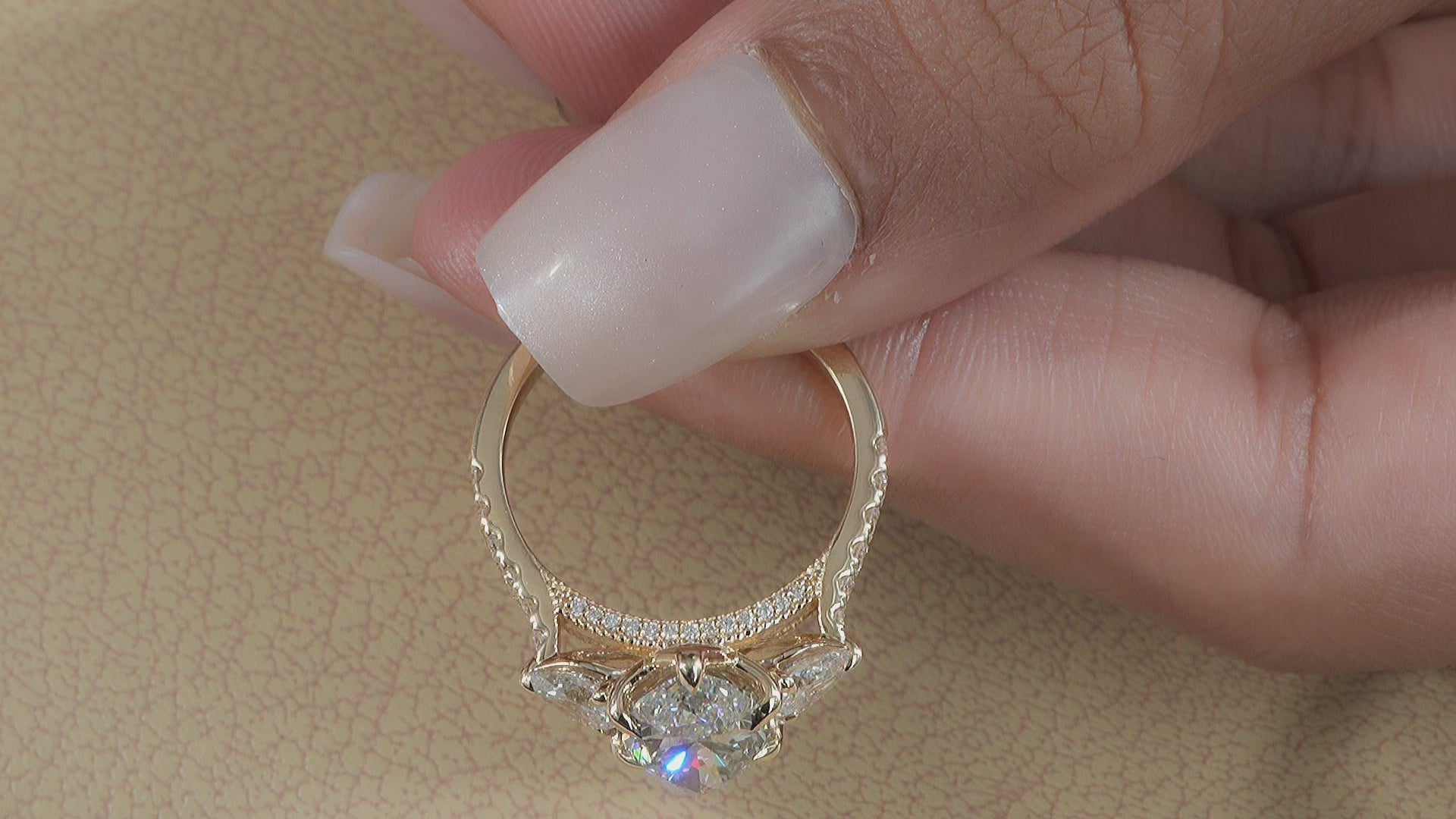 Marquise lab diamond ring with thress stone setting and pave diamond shank