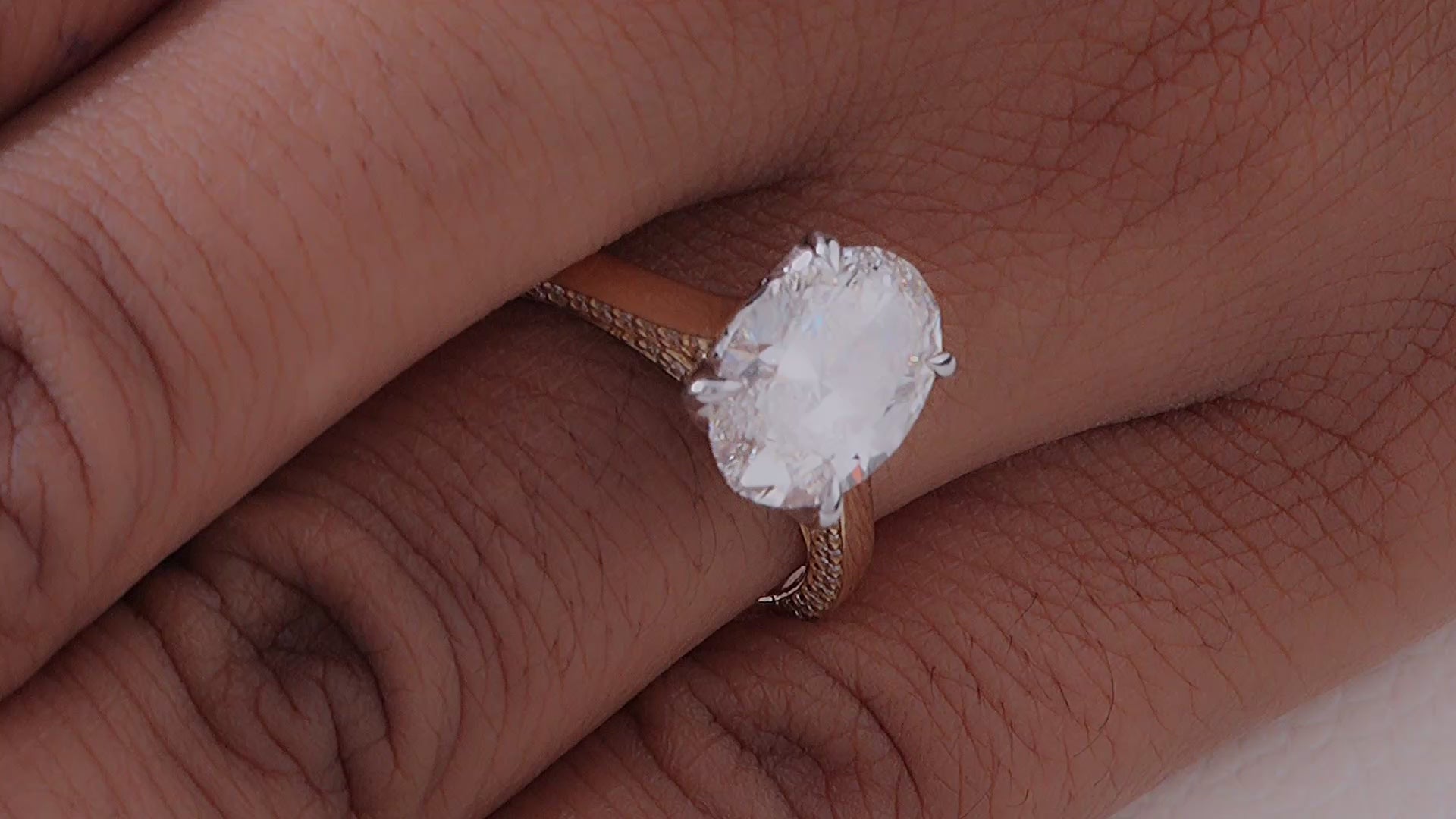 Oval lab diamond cathedral set tulip basket Engagement ring