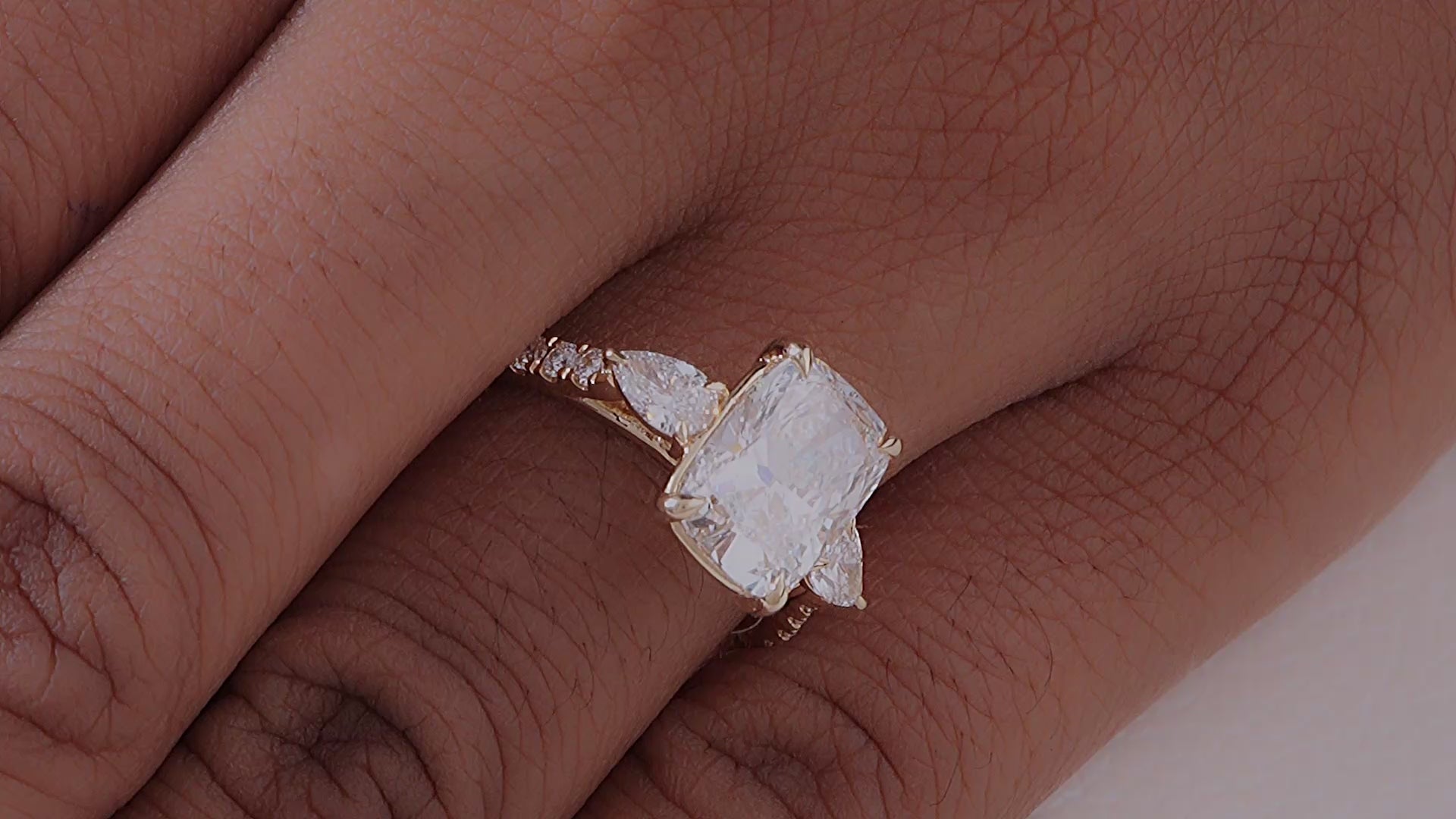 Elongated Cushion Lab Diamond Three stone engagement ring