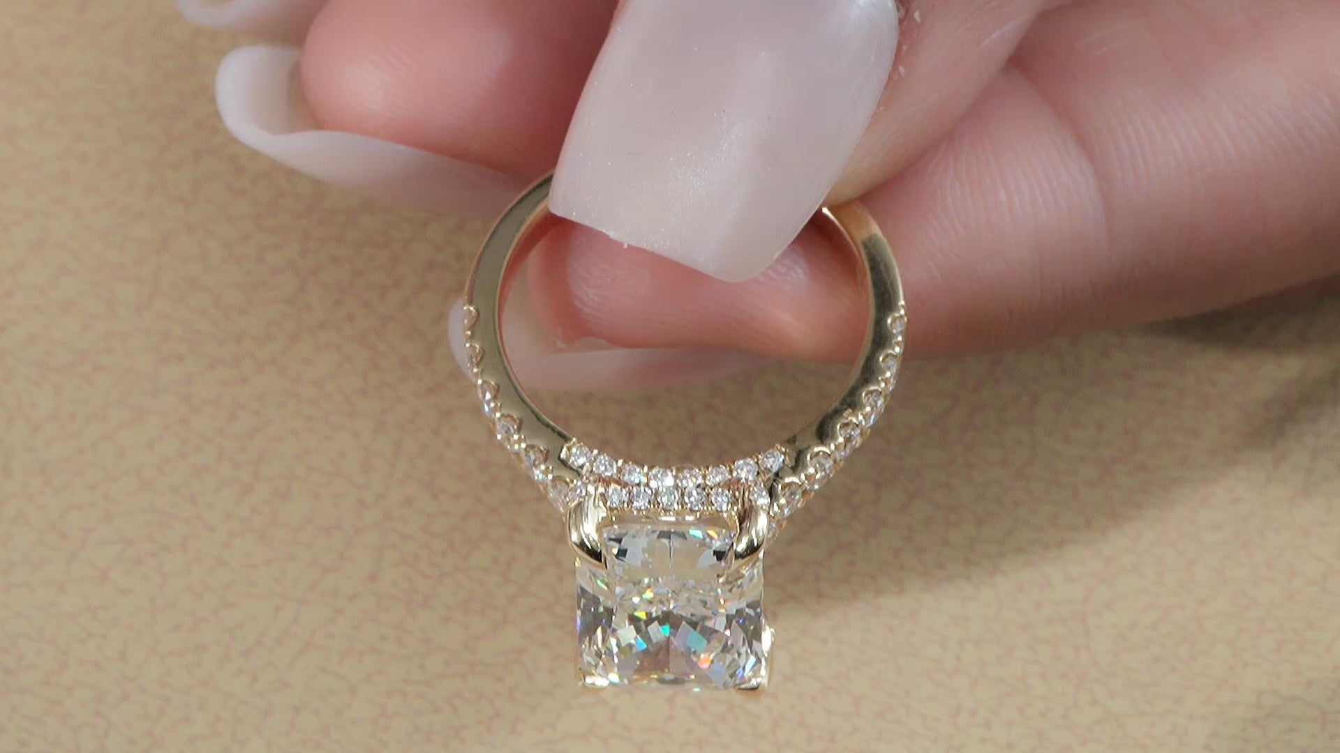 Radiant Lab Diamond Engagement ring With Pave Diamonds and Cathedral setting
