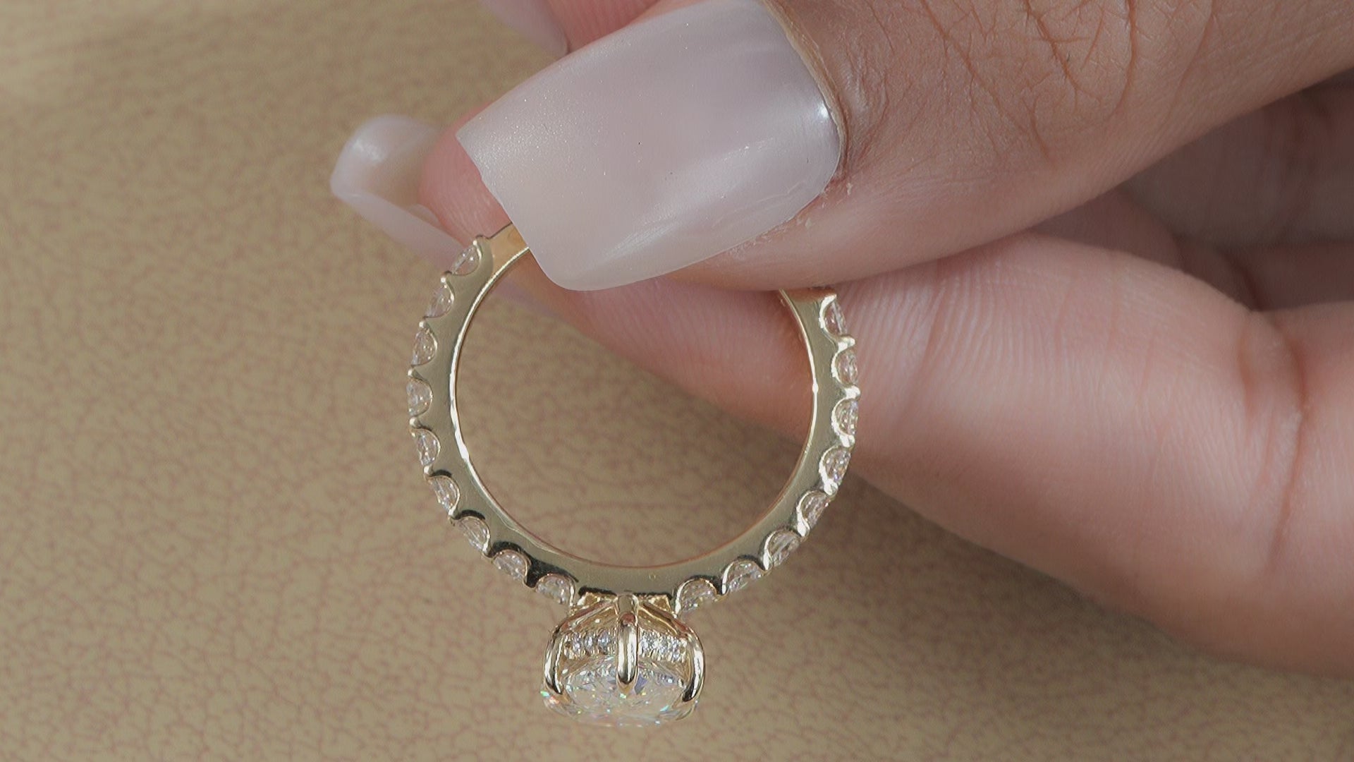 Pear Lab Grown Diamond Engagement Ring with Pave diamond shank and hidden halo