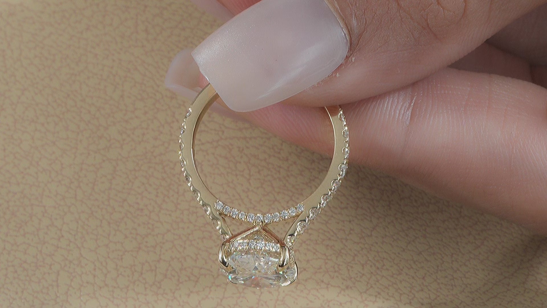 Oval Lab Diamond Ring with Cathedral setting and hidden halo with pave diamond