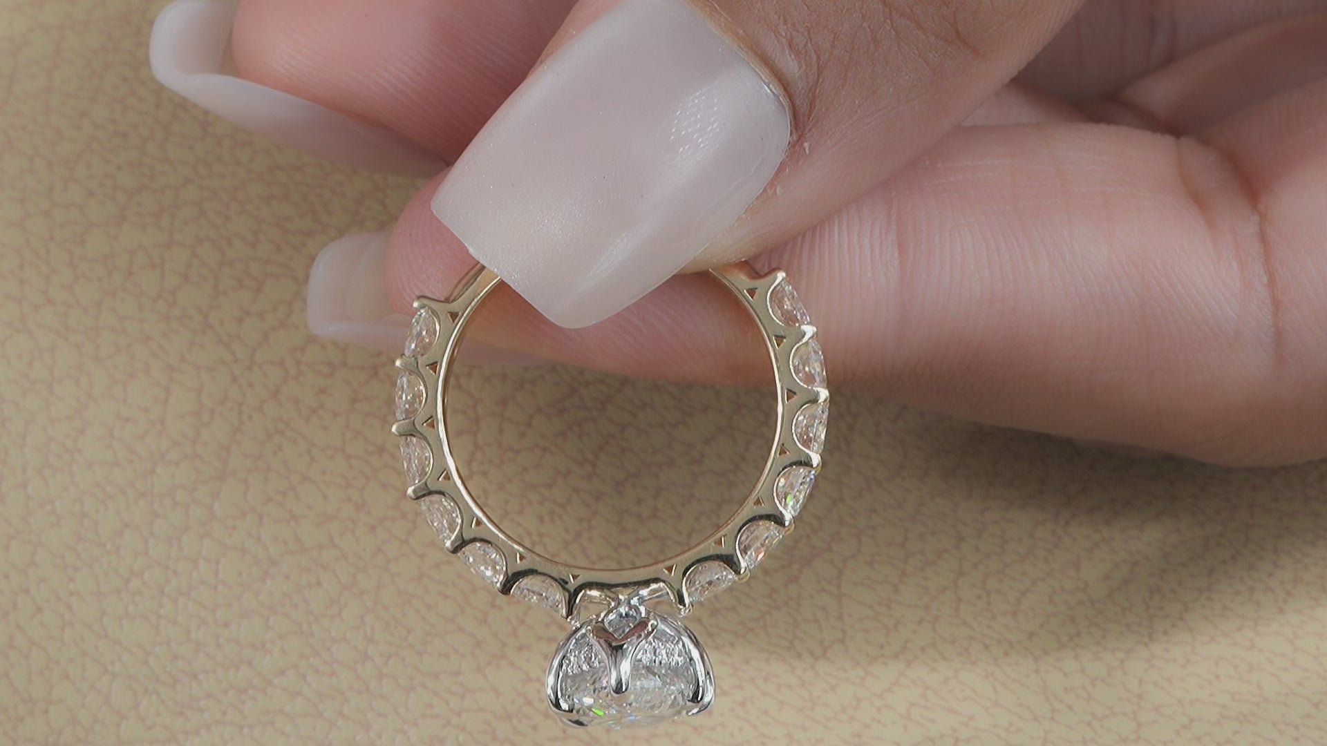 Marquise Lab Diamond U-Shank Engagement ring with tulip basket and hidden halo