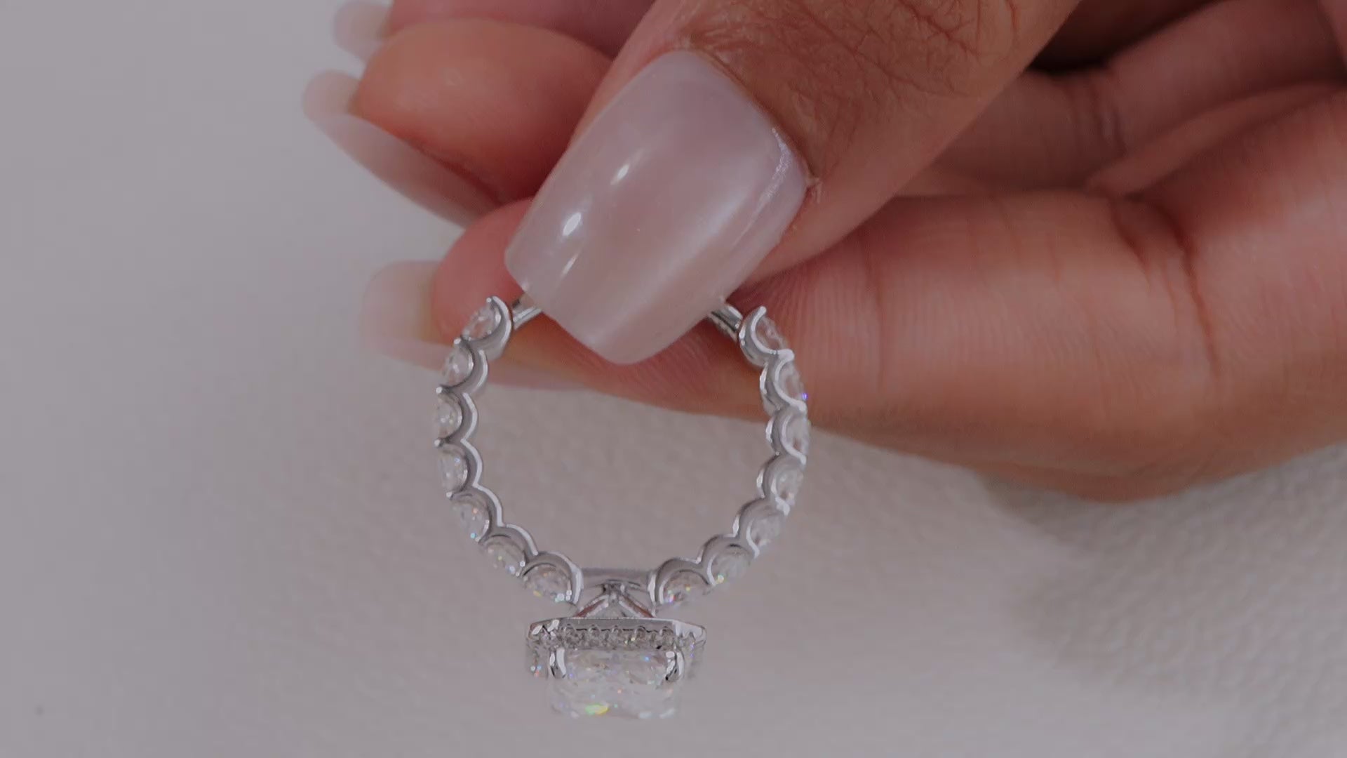 Radiant Cut Lab diamond U-Shank Engagement ring with visible halo