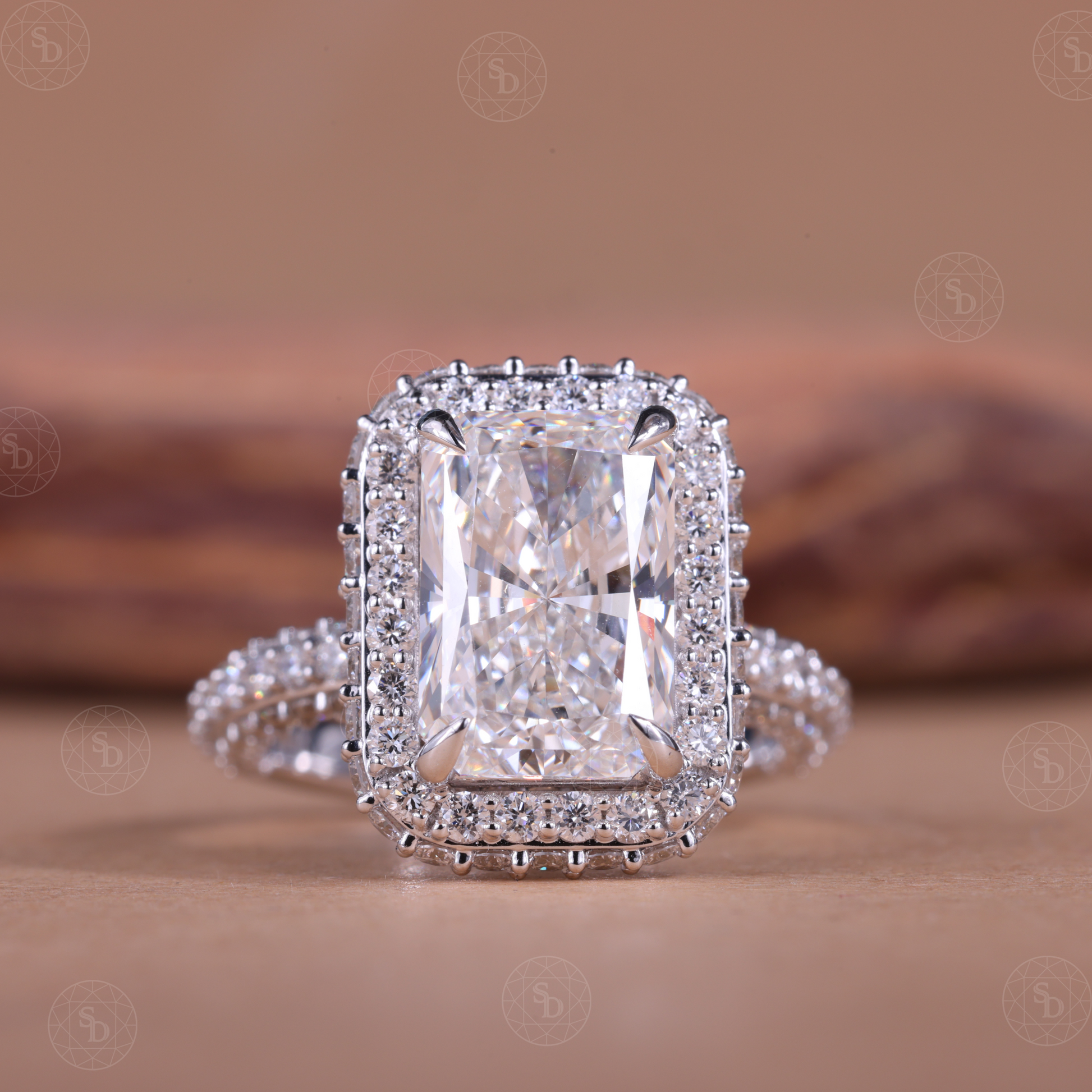 Radiant cut lab-grown diamond engagement ring with double halo and 3D pavé setting, sparkling sustainable diamond ring crafted in solid gold for women.