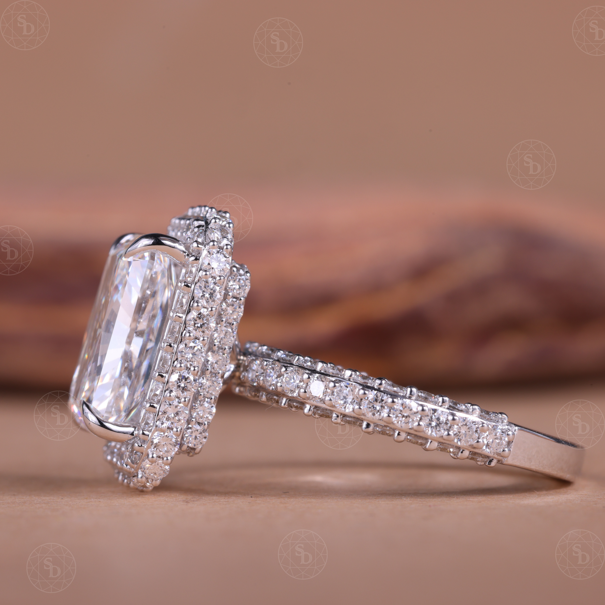 Radiant cut lab-grown diamond engagement ring with double halo and 3D pavé setting, sparkling sustainable diamond ring crafted in solid gold for women.