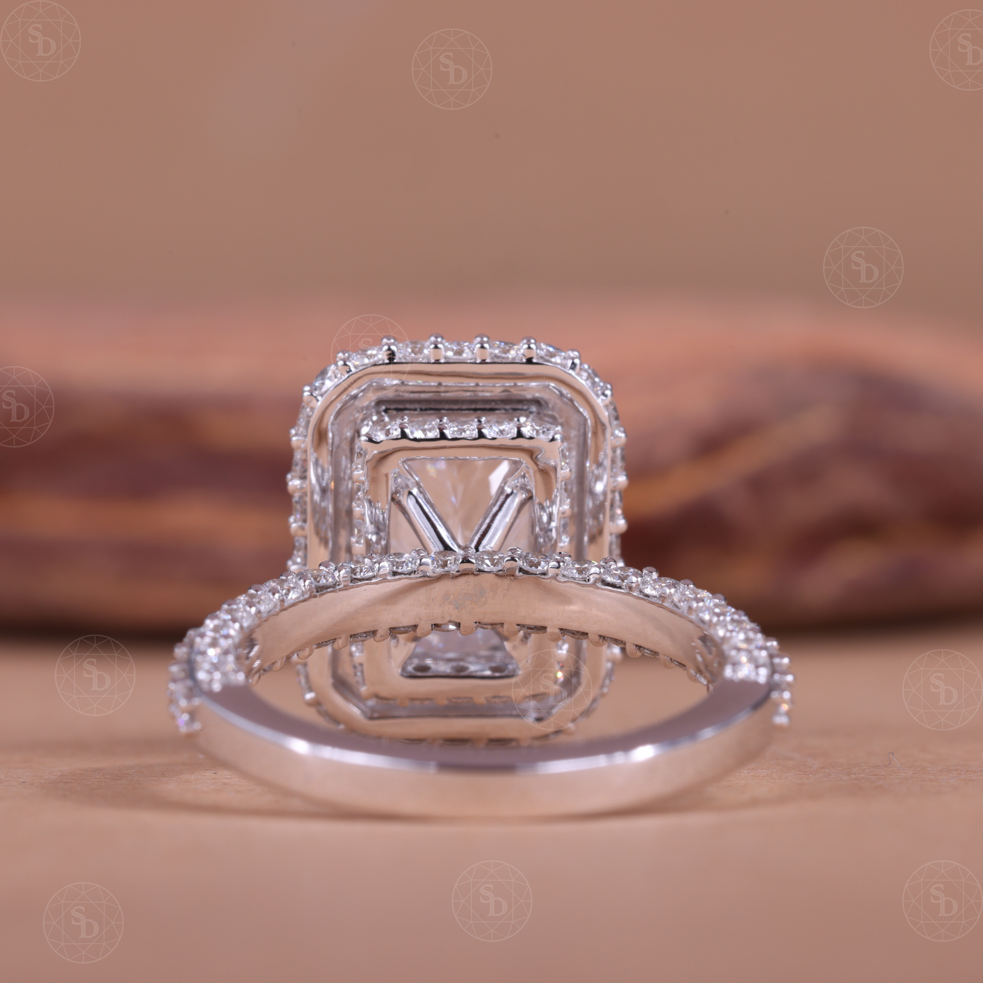 Radiant cut lab-grown diamond engagement ring with double halo and 3D pavé setting, sparkling sustainable diamond ring crafted in solid gold for women.