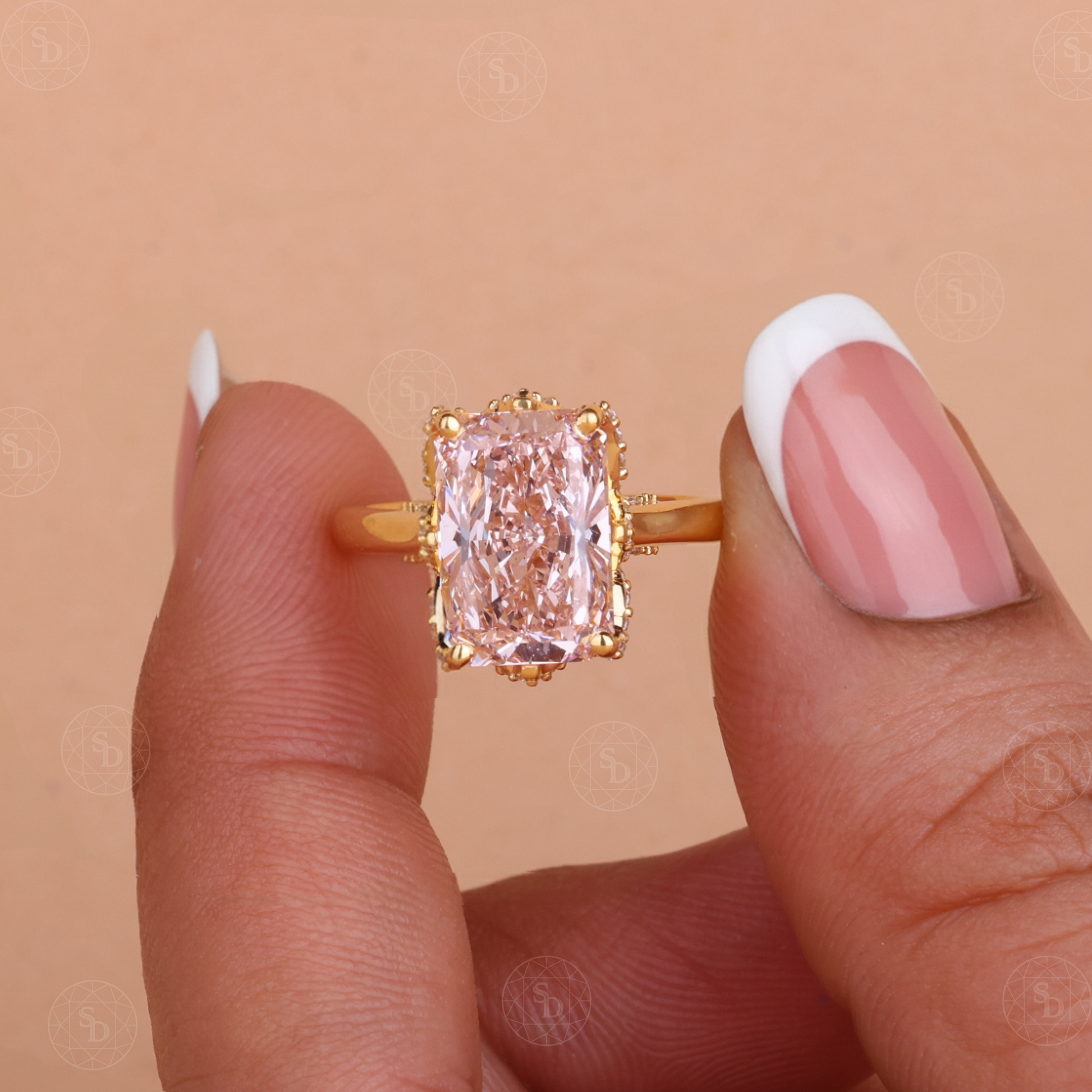 Radiant cut pink lab-grown diamond tulip-style promise engagement ring with delicate petal setting