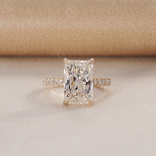 Radiant Lab Diamond Engagement ring With Pave Diamonds and Cathedral setting