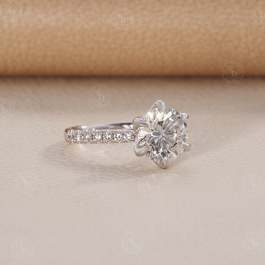 Round Lab Diamond Engagement ring with six Prong tulip basket cathedral setting