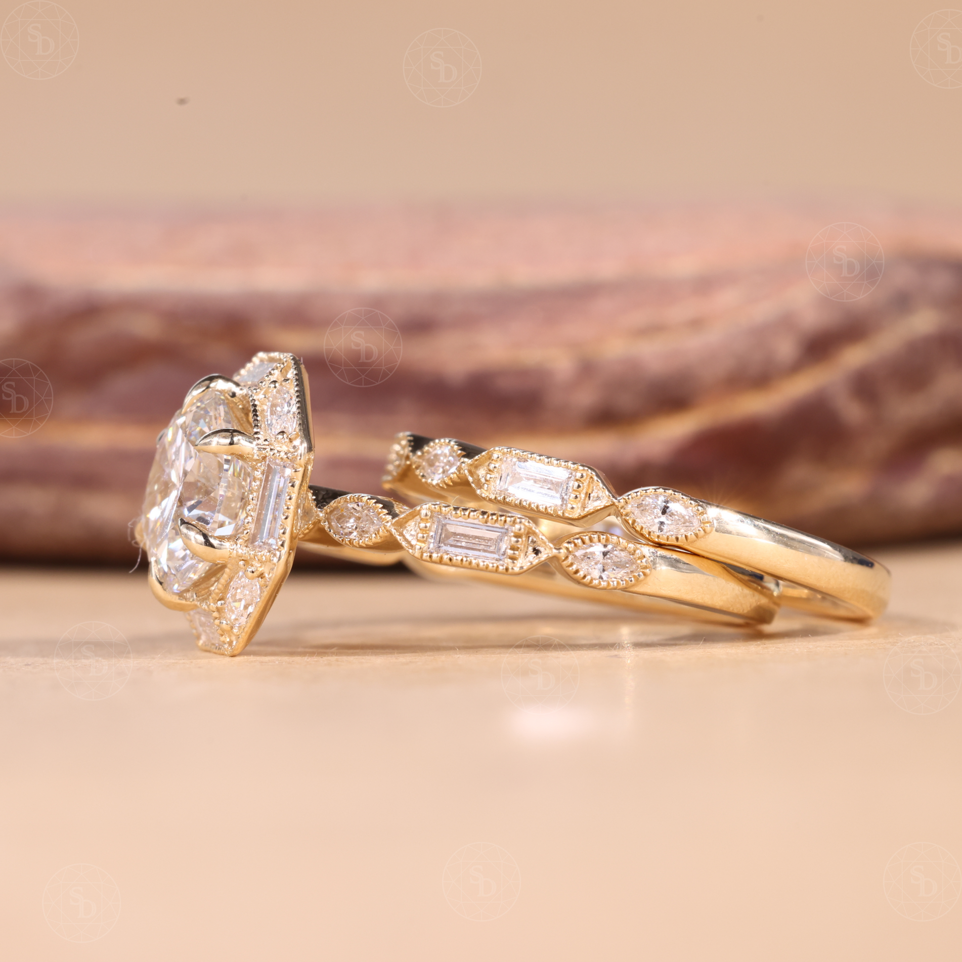 Vintage round cut lab-grown diamond engagement ring set with baguette and marquise halo, milgrain detailing, and elegant antique-inspired design in solid gold