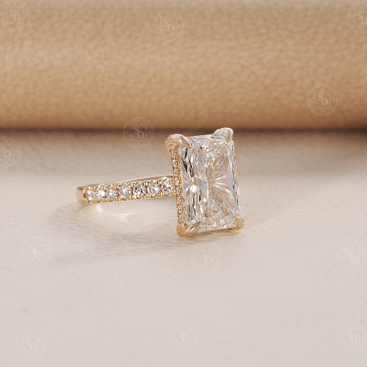 Radiant Lab Diamond Engagement ring With Pave Diamonds and Cathedral setting